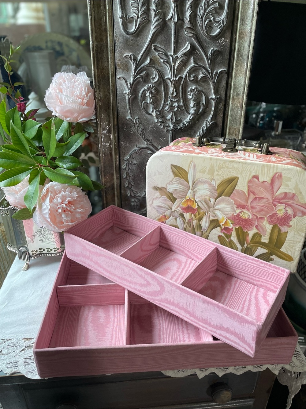 Vintage Pink silk moire organizer trays floral storage box
